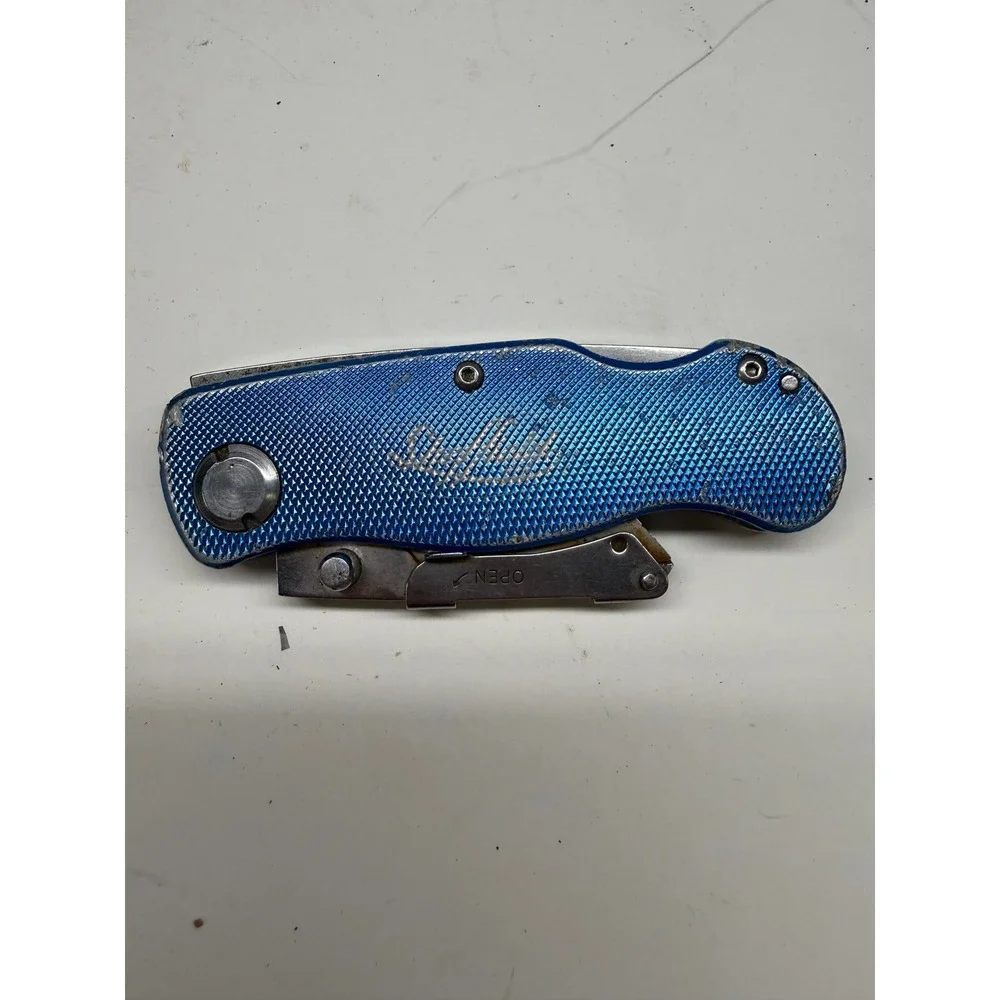Sheffield Folding Utility Knife Blue Textured Aluminum Handle Pocket Clip